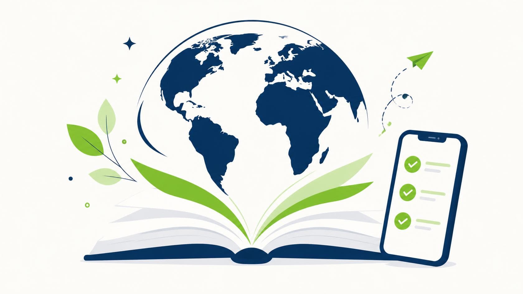 Illustration of an open book turning into a globe, next to a phone showing a lesson checklist
